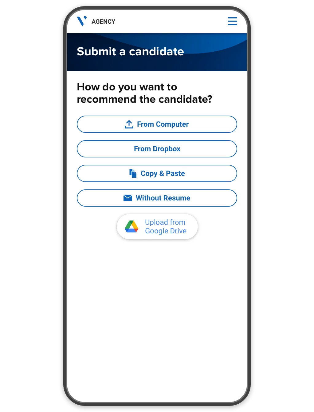 A mobile portal showing multiple ways of uploading a resume to recommend a candidate.