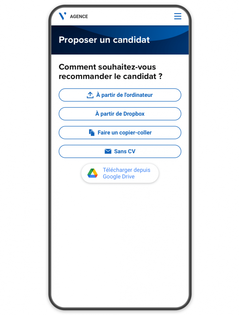 Portail mobile indiquant les différentes façons de télécharger un CV pour recommander un candidat.