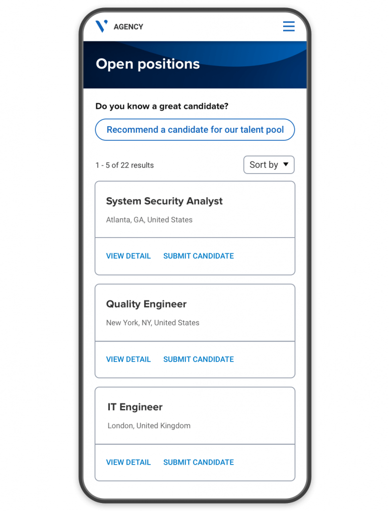 The mobile version of an agency management portal showing job postings and options to view their details and submit candidates.