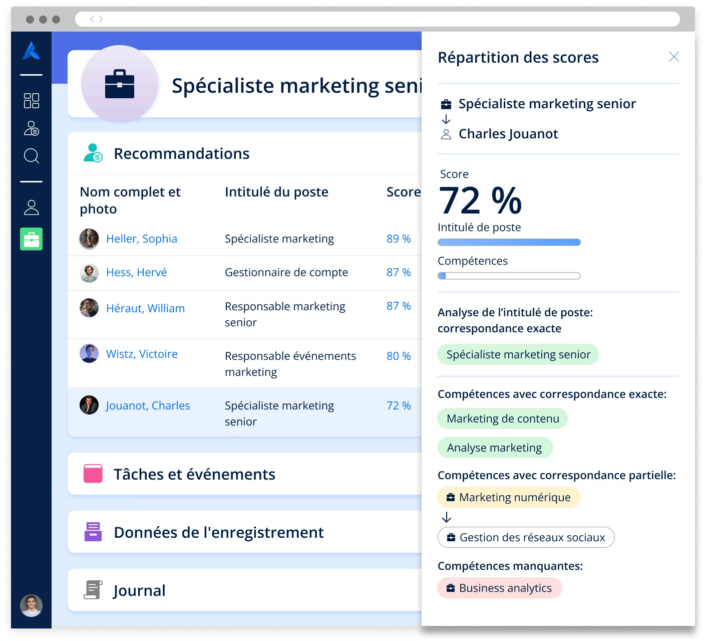 Capture d’écran montrant les scores des candidats obtenus à l’aide de l’IA Avature