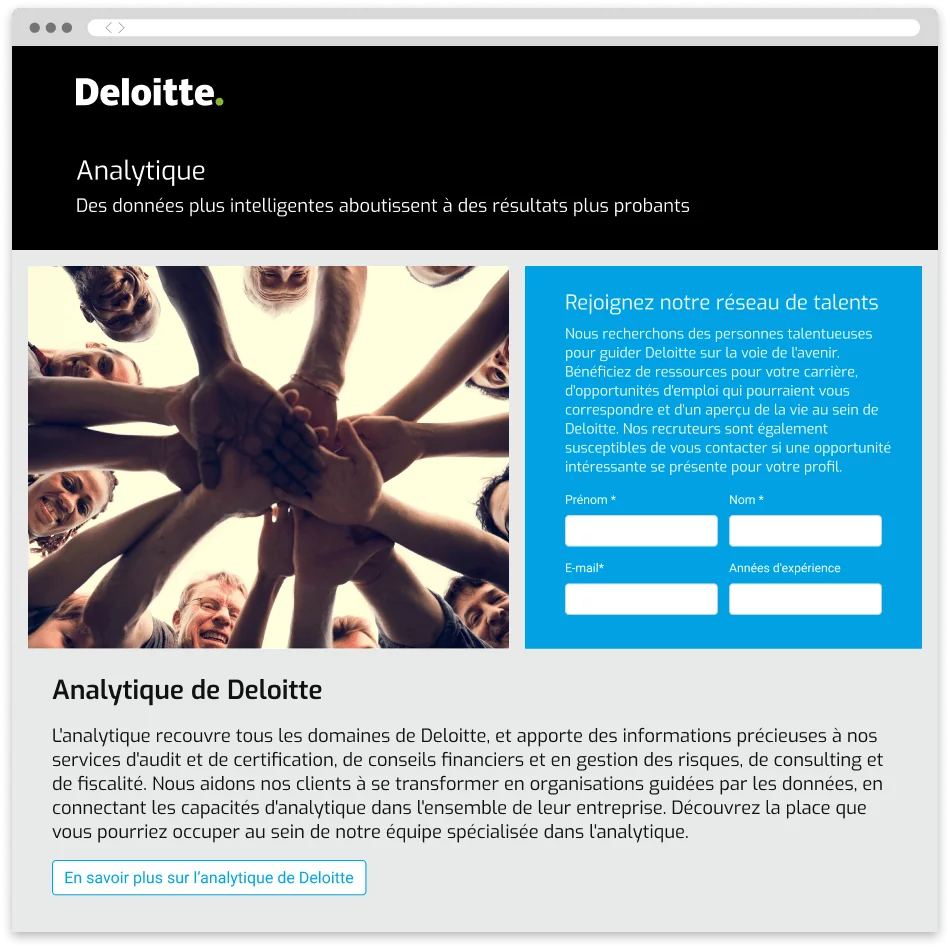 Capture d’écran d’un site carrière Deloitte créé avec Avature CRM.