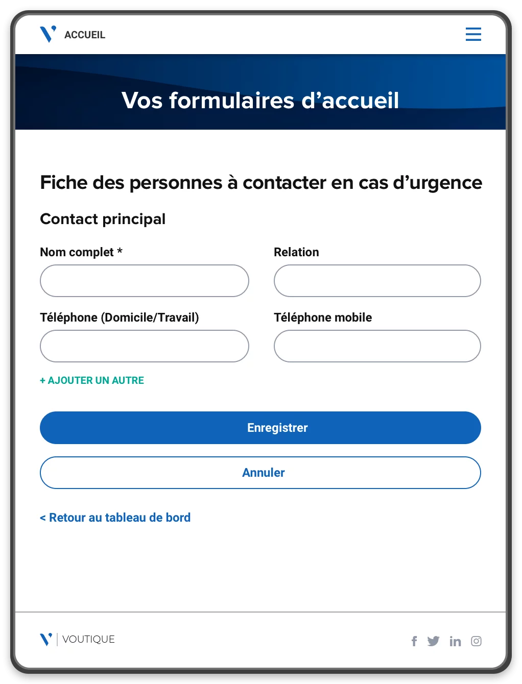 Portail d'accueil présentant un formulaire de contact d'urgence que le nouvel employé peut remplir et sauvegarder.