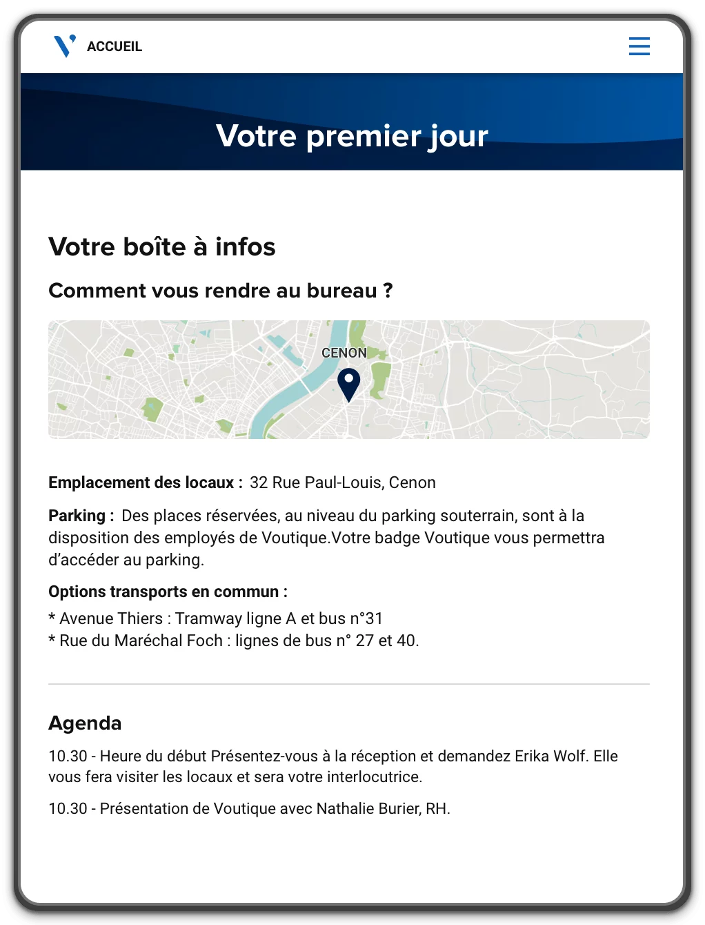 Portail d'accueil avec géolocalisation du bureau, possibilités de transport et de stationnement, et itinéraire de l'employé.