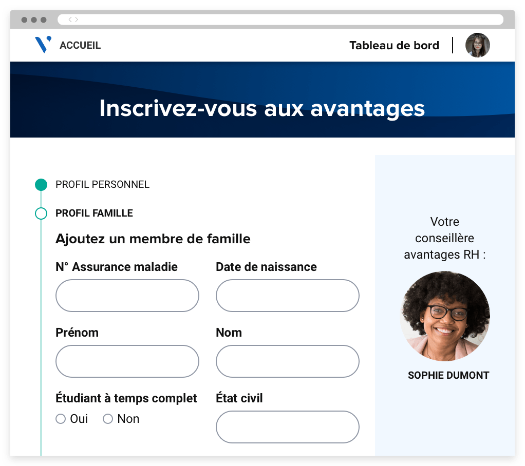 Portail d'accueil intégré au système d'avantages sociaux de l'entreprise permettant au nouvel employé d’inscrire sa famille.