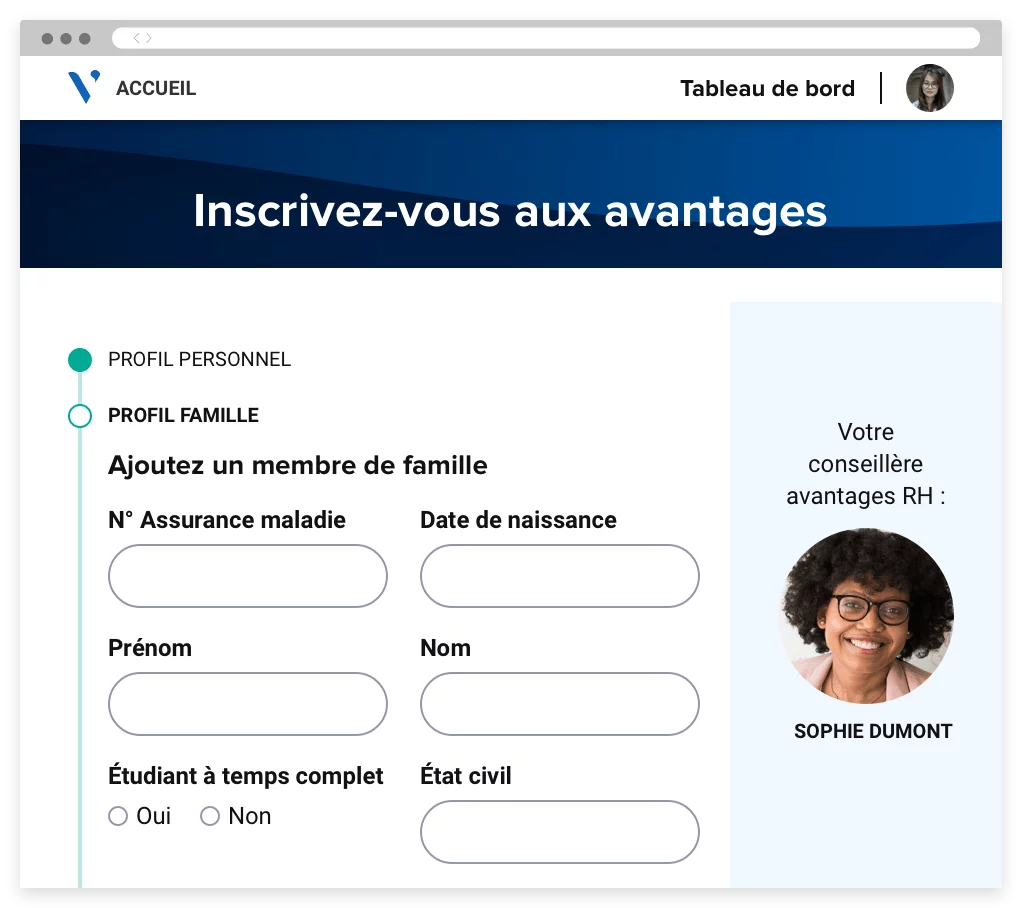 Portail d'accueil intégré au système d'avantages sociaux de l'entreprise permettant au nouvel employé d’inscrire sa famille.
