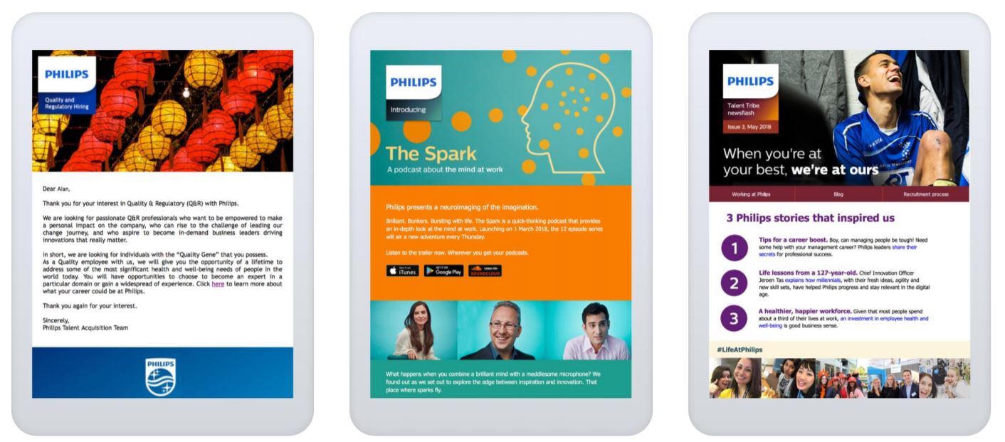 Three tablet-like screens showing examples of recruitment marketing campaigns by Philips using branded and customized e-mails.