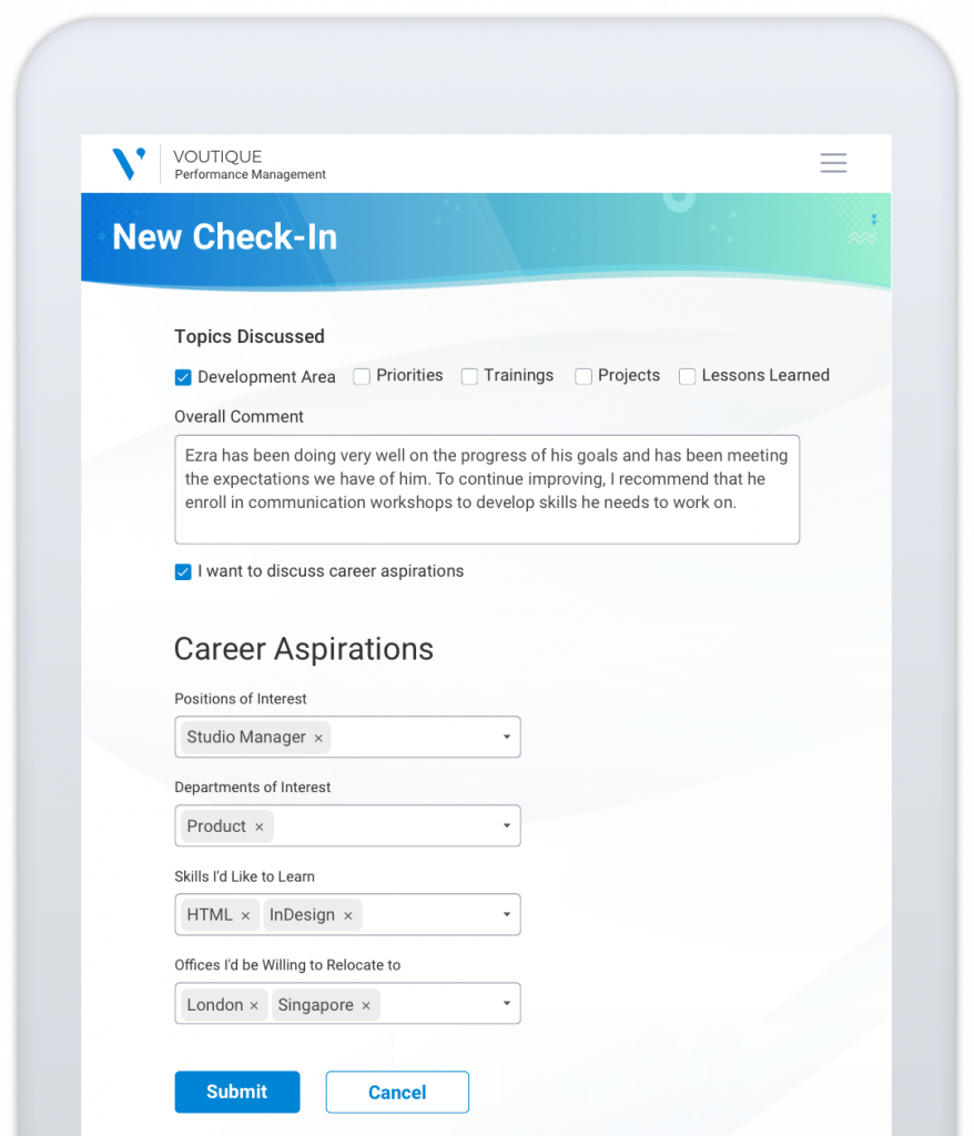 The check-in feature from Avature Performance Management, allowing to schedule mid-cycle conversations with employees.