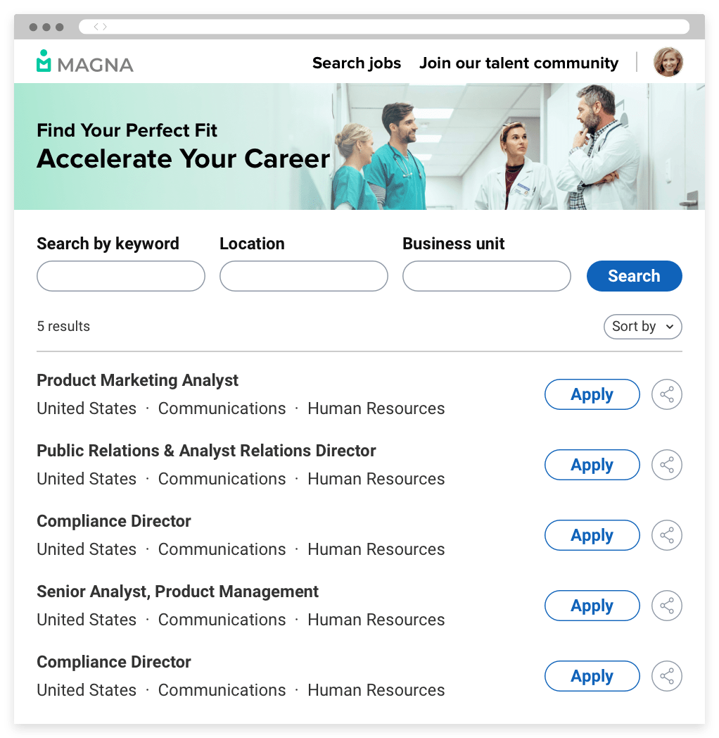 A company career portal showing a search bar and open jobs. Candidates can use search filters to find and apply to jobs.