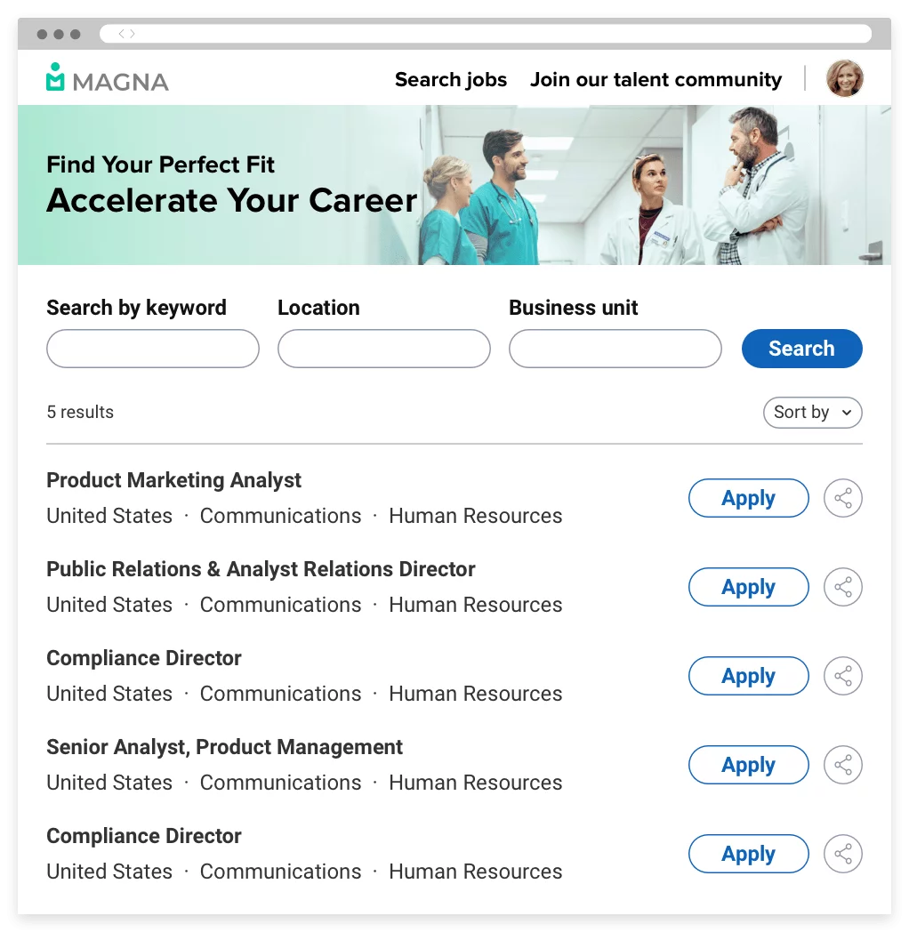 A company career portal showing a search bar and open jobs. Candidates can use search filters to find and apply to jobs.