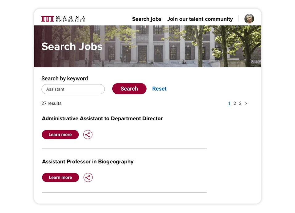 A university career portal showing a search bar and open jobs. Candidates can use search filters to find and apply to jobs.