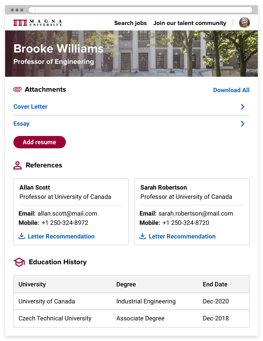 An applicant's profile showing her attached files and education, and a feedback form with the option to request an interview.