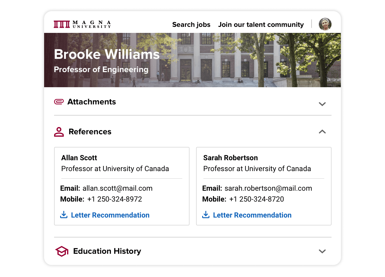 An applicant's profile showing her attached files and education, and a feedback form with the option to request an interview.