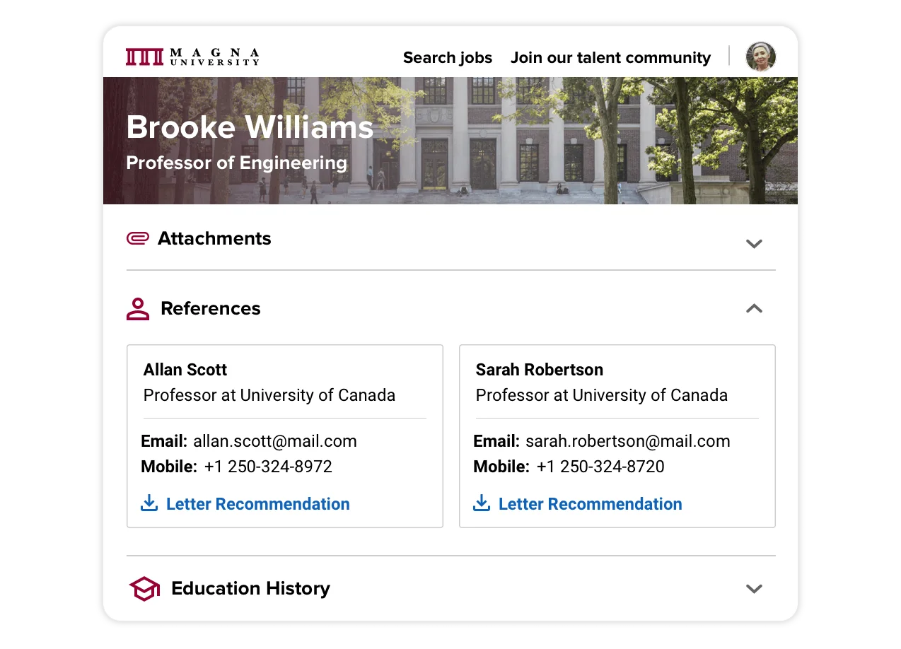An applicant's profile showing her attached files and education, and a feedback form with the option to request an interview.
