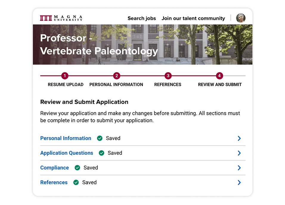 The last step of a job application process for a teaching position using a university careers page powered by Avature.