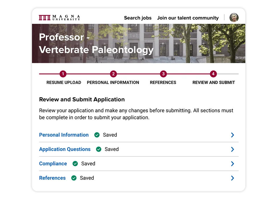 The last step of a job application process for a teaching position using a university careers page powered by Avature.