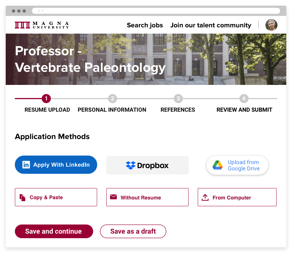 A university careers page, and the first step of an application process. Users can apply using a variety of social media.
