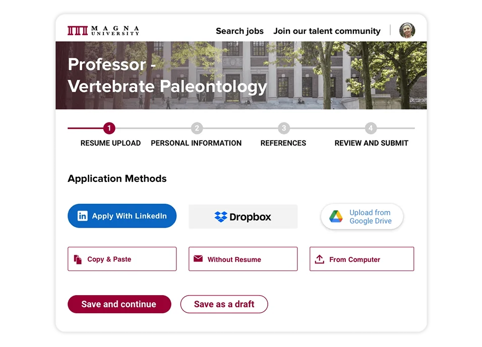 A university careers page, and the first step of an application process. Users can apply using a variety of social media.