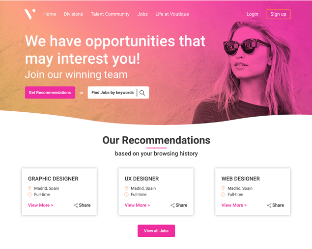 A career site displaying job recommendations based on browsing history and a search bar to find jobs.