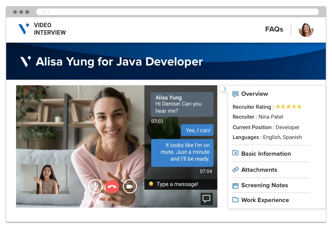 A live interview meeting room showing an in-progress video conference, a chat window, and a recruiter's feedback form.