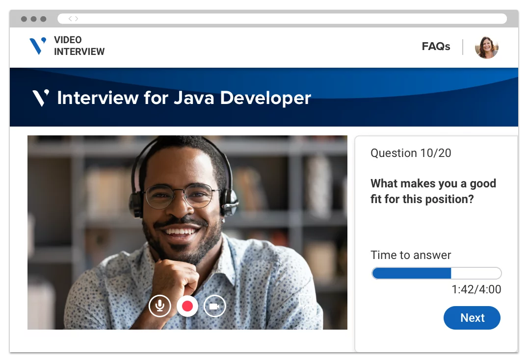 A recorded interview microsite, playing a candidate's video response, the current question and response time progress bar.