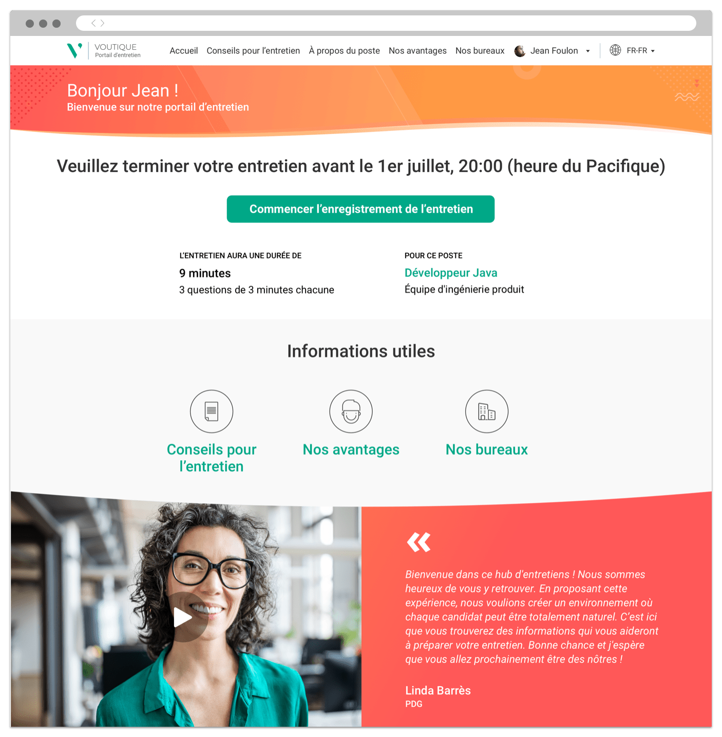 Portail d'entretien vidéo où les postulants enregistrent un entretien, avec des informations telles que des conseils pour l'entretien.