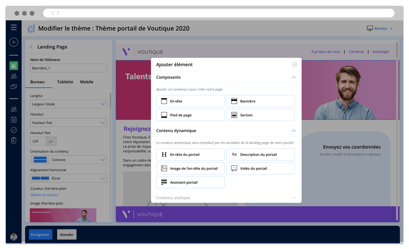 Éditeur de contenu de portail d'Avature montrant comment les utilisateurs modifient et personnalisent un portail de carrières.