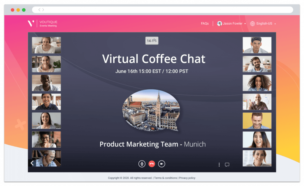 A web-based video platform with an ongoing coffee chat meeting. There are 14 attendees and video and camera setup options.
