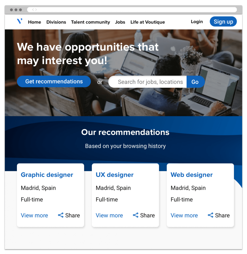 A career site displaying a list of jobs recommended to the user, and a search bar to look for opportunities. 
