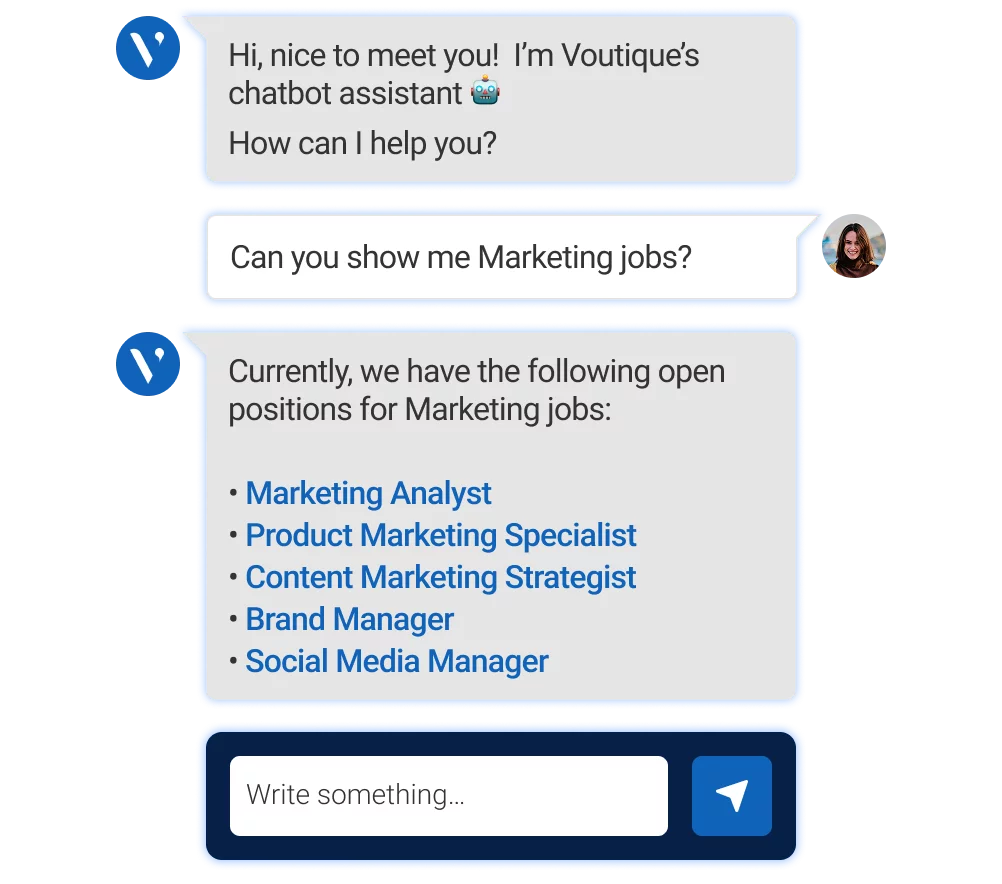 Chat interface showcasing Avature’s new chatbot design, with a clean layout and conversational prompt.
