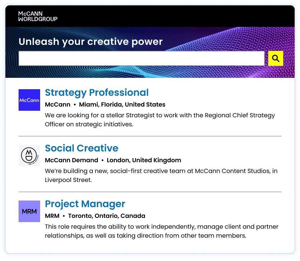 Screenshot of Mccann world group career site showcasing different job listing for multiple brands of the group.