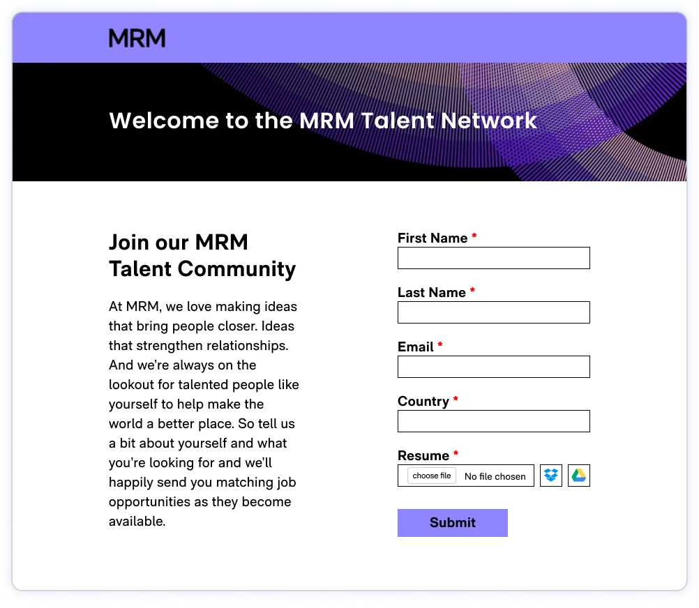 Screenshot of MRM, a brand from Mccann world group career site showcasing a branded contact form page.