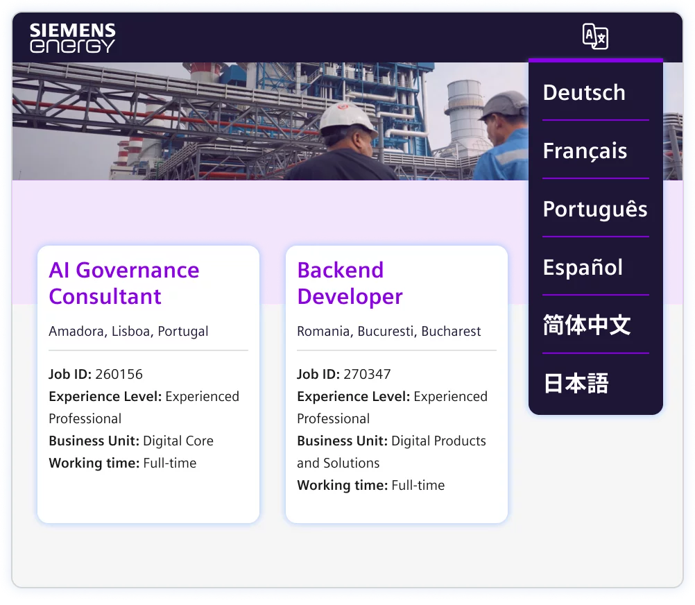 Grid layout showing Avature’s multilingual platform options in the Siemens Energy career site.