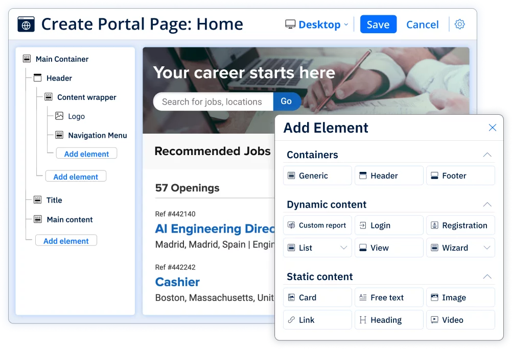 Screenshot of Avature’s Portal Apps Builder interface, highlighting customizable career site components, AI-assisted code generation, dynamic content integration, and role-based access controls for secure collaboration.