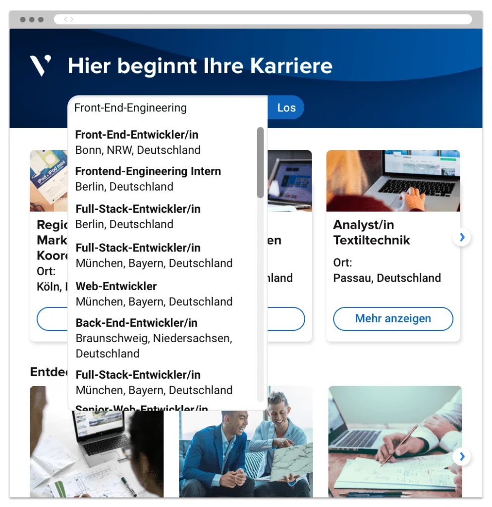 Eine Karriereseite, die zeigt, wie die KI-gestützte semantische Suche von Avature dem Benutzer bei der Eingabe von Schlüsselwörtern Vorschläge macht.