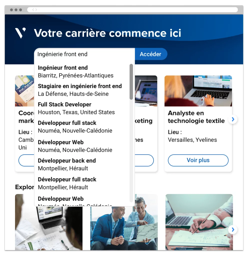 Site carrière montrant les capacités de recherche sémantique Avature, alimentées par l'IA, proposant des suggestions pendant la saisie.