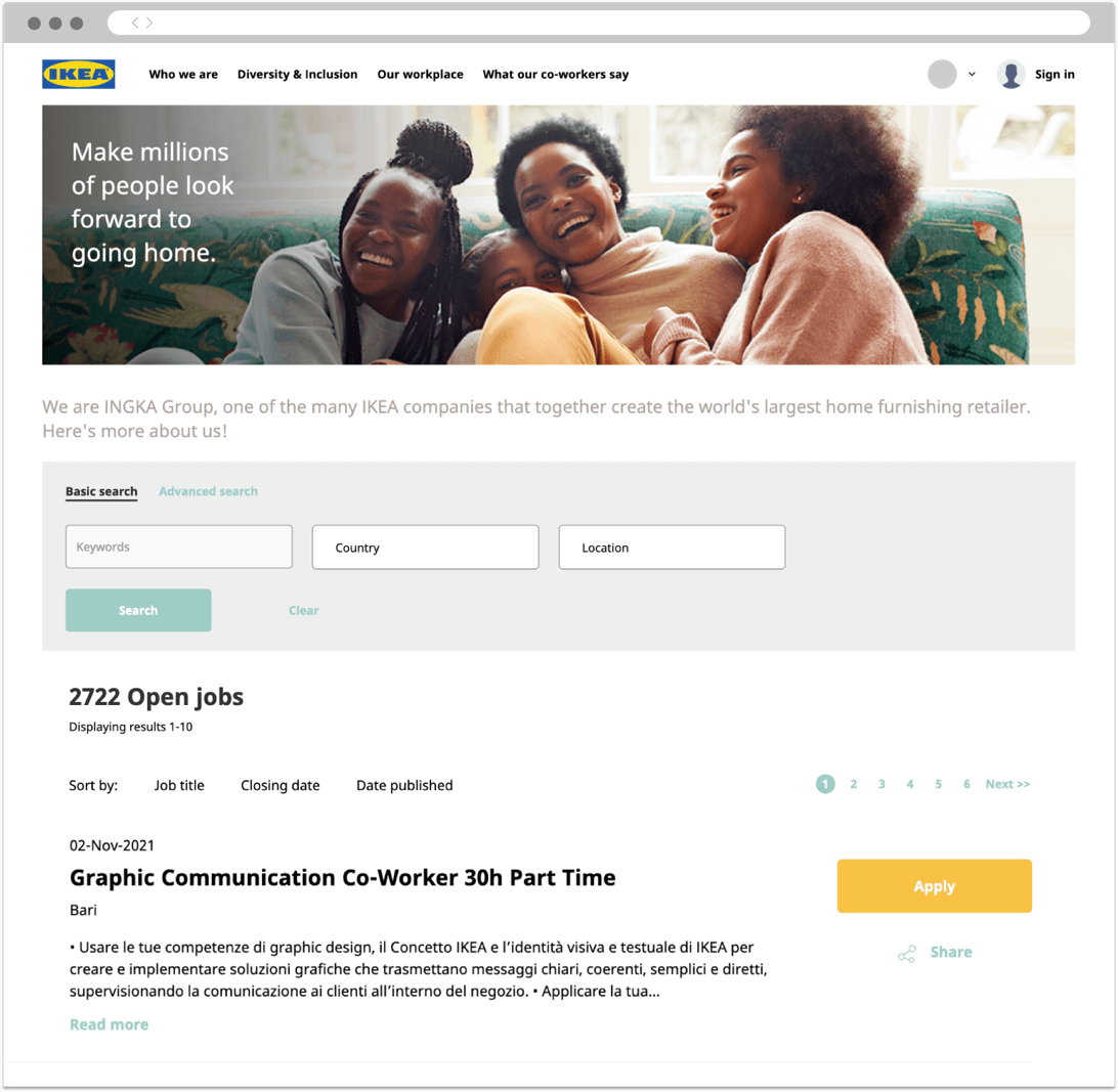 An IKEA career site showing how users can search for jobs and filter results by job title, closing date, or date published.