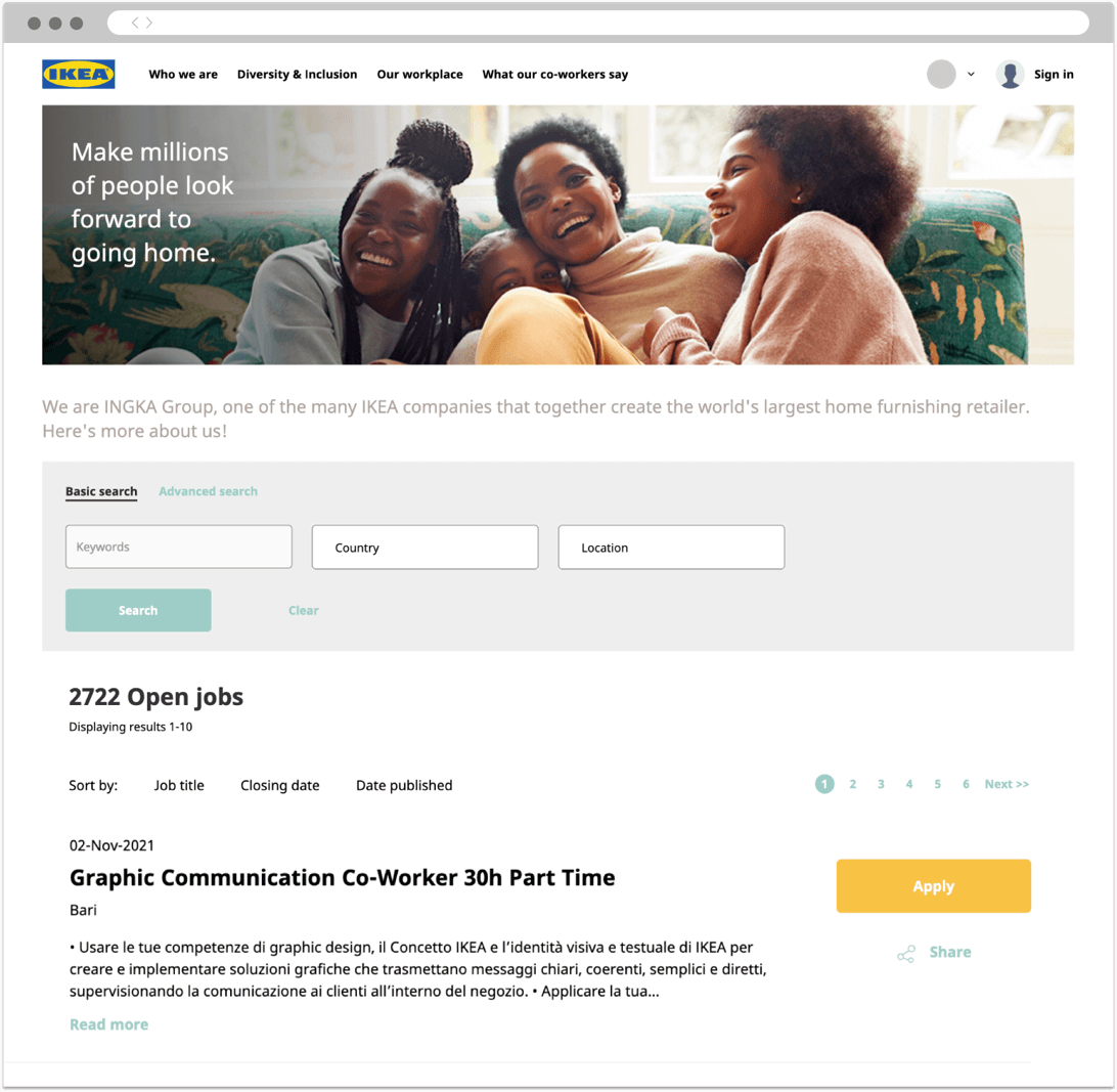 Eine Karriereseite von IKEA, die zeigt, wie Benutzer nach Stellen suchen und Ergebnisse nach Stellenbezeichnung usw. filtern können.