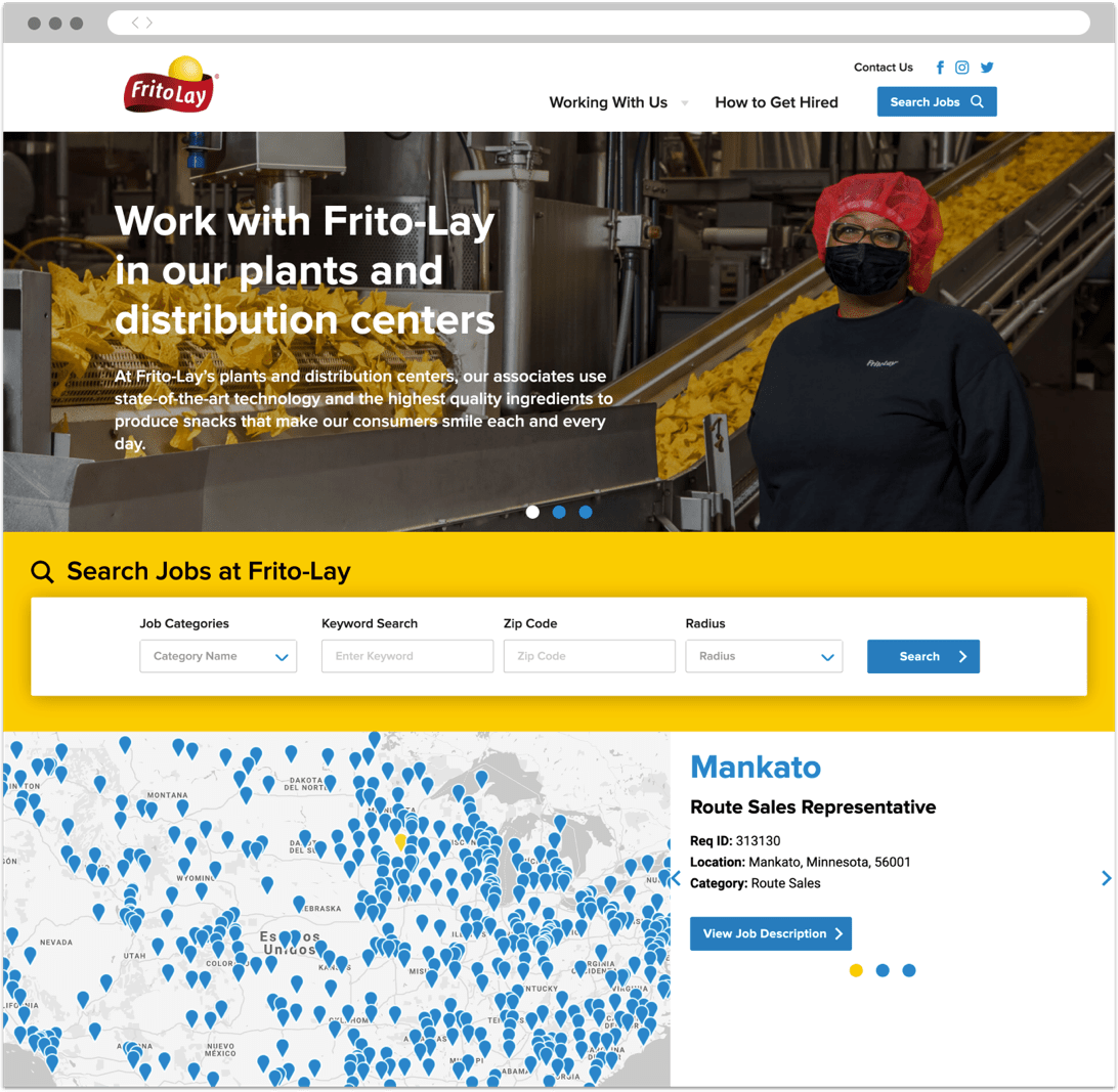 Eine Karriereseite, über die Benutzer in den Werken und Vertriebszentren von FritoLay nach Stellen suchen können.