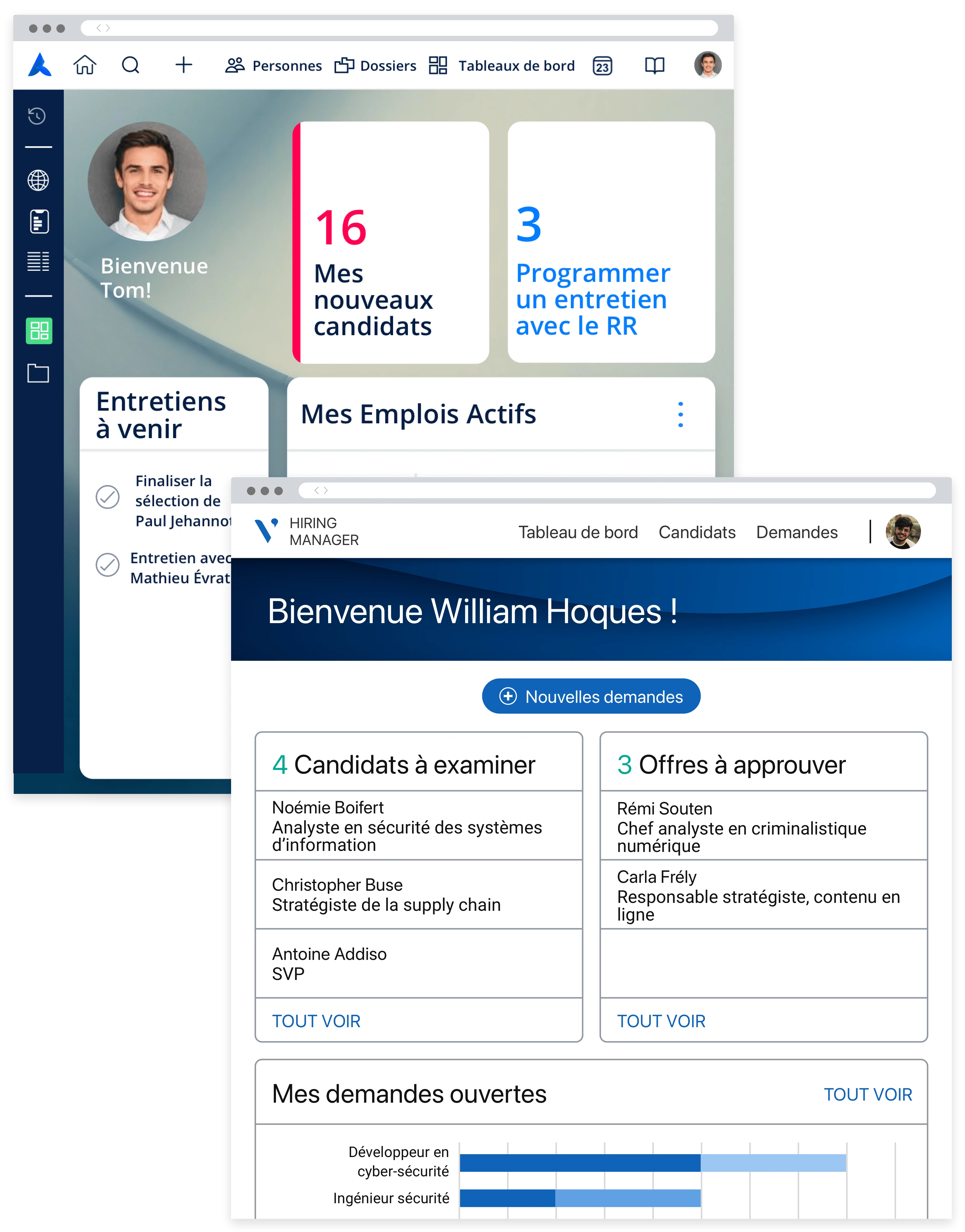 Portail destiné aux responsables du recrutement présentant un résumé des tâches en cours et analyses et indicateurs de productivité.