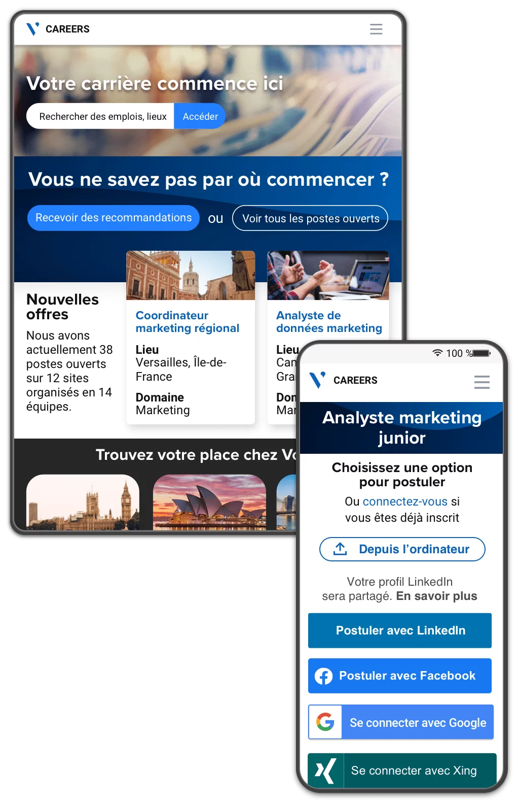 Portail de carrière affichant barre de recherche et nouveaux emplois, et microsite contenant plusieurs façons de postuler.