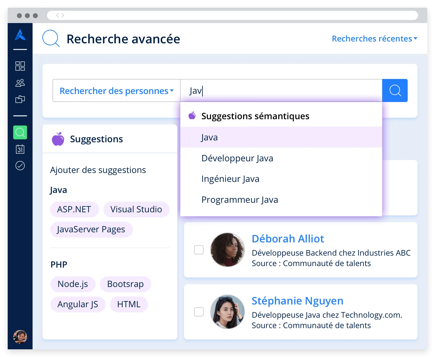 Page de recherche avancée surlignant les suggestions sémantiques pour la recherche d'un nouveau candidat.