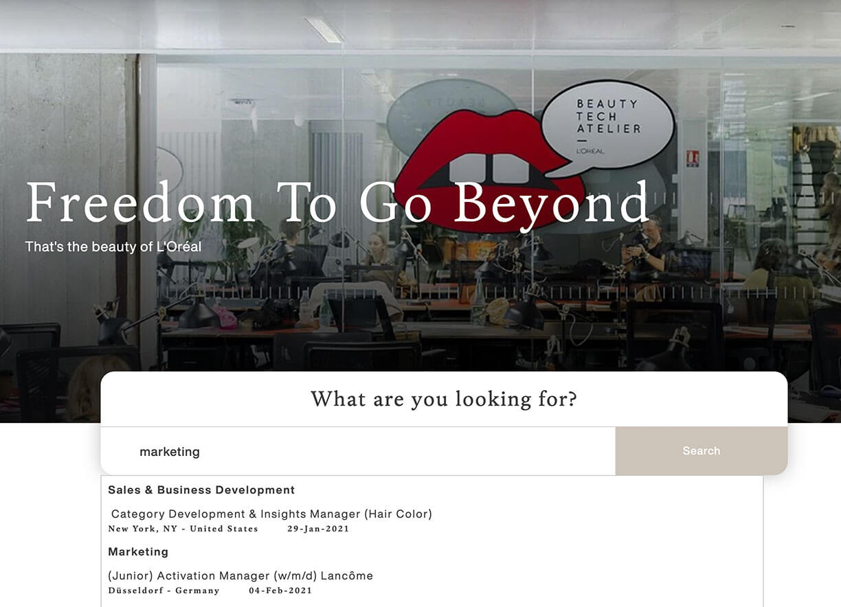 A career landing page of L'Oreal with a customized look and a search bar.