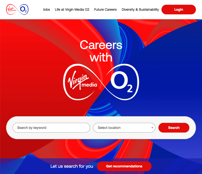 Image of Virgin Media O2's fully branded career site and search bar.