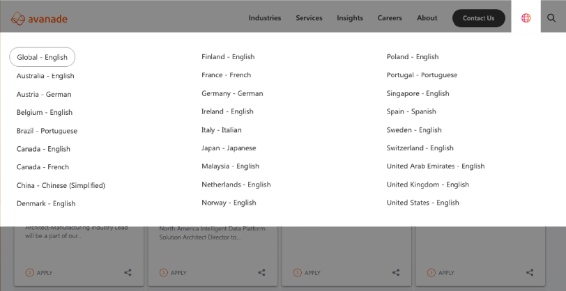 Screenshot of the extensive list of languages supported by Avanade's career site.