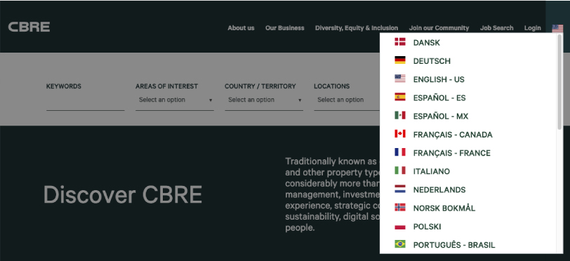 Screenshot of the extensive list of languages supported by CBRE's career site.