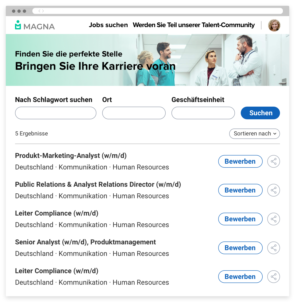 Das Karriereportal eines Unternehmens, das eine Suchleiste und offene Stellen zeigt. Kandidaten können mithilfe von Suchfiltern Stellen finden und sich dafür bewerben.