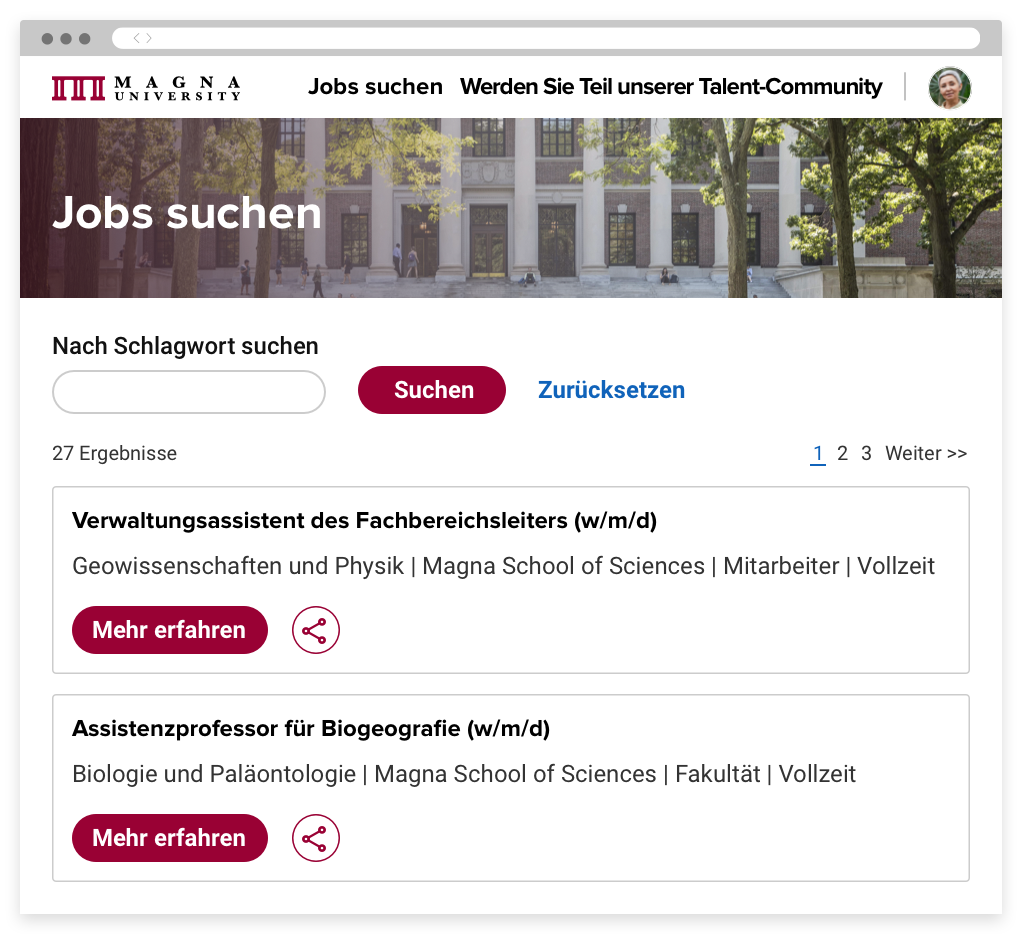 Das Karriereportal einer Hochschule, das eine Suchleiste und offene Stellen zeigt. Kandidaten können mithilfe von Suchfiltern Stellen finden und sich dafür bewerben.