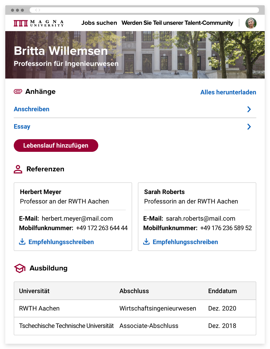 Das Profil einer Bewerberin mit Dateianhängen, Ausbildungsverlauf und einem Feedback-Formular mit der Option, ein Interview anzufragen.