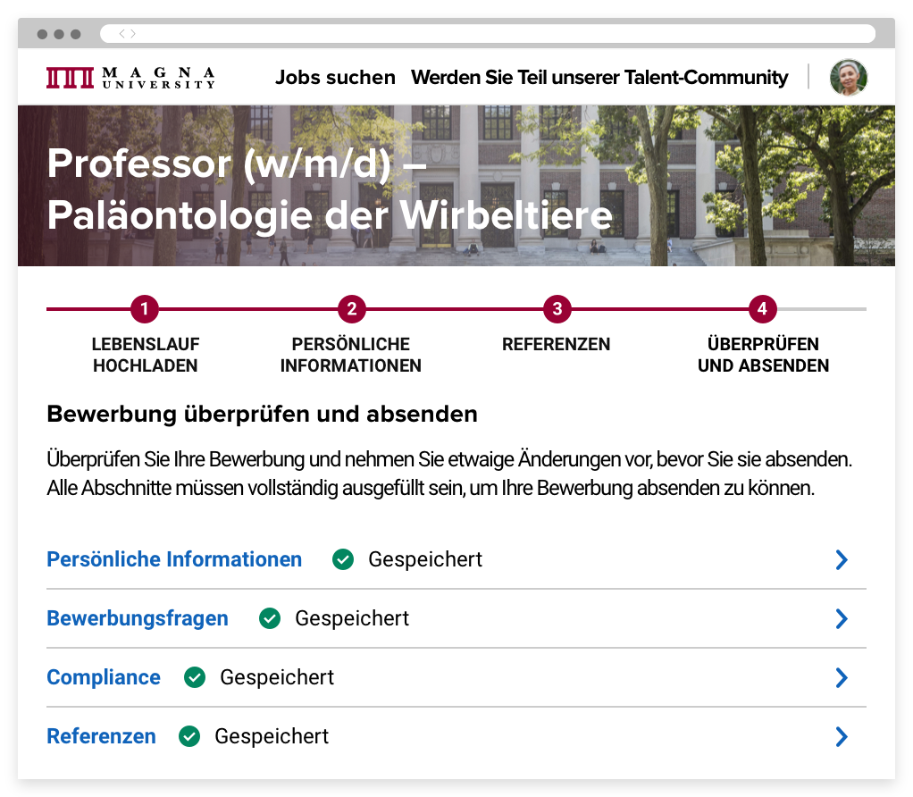 Der letzte Schritt eines Bewerbungsprozesses für einen Lehrauftrag über eine von Avature unterstützte Karriereseite einer Hochschule.