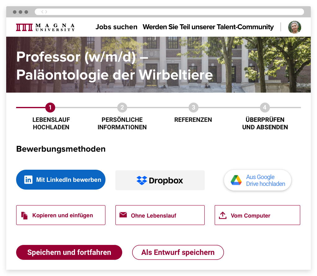 Die Karriereseite einer Hochschule und der erste Schritt eines Bewerbungsprozesses. Benutzer können sich über verschiedene soziale Netzwerke bewerben.